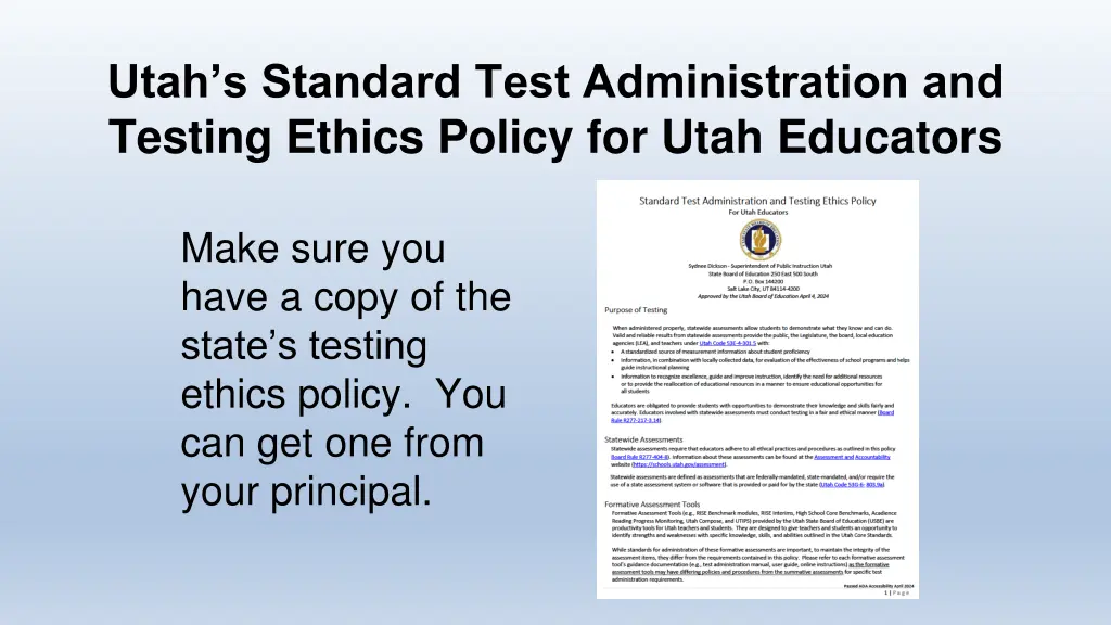 utah s standard test administration and testing