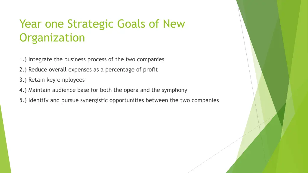 year one strategic goals of new organization