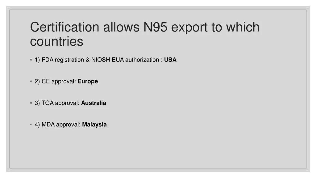 certification allows n95 export to which countries