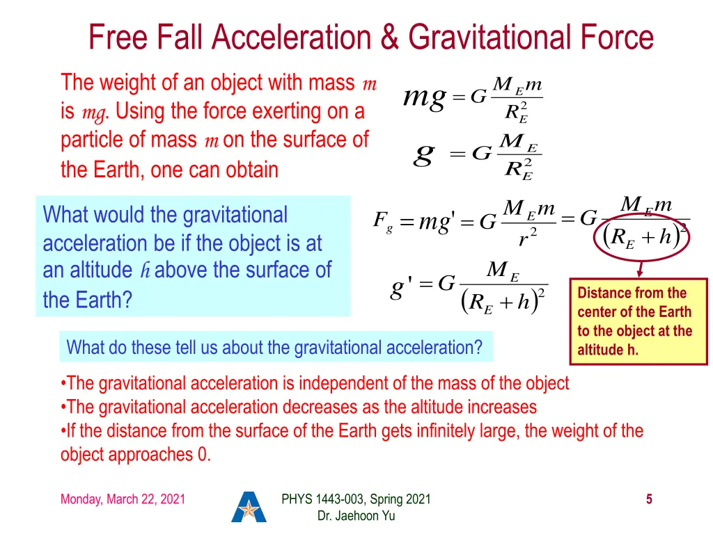 free fall acceleration gravitational force