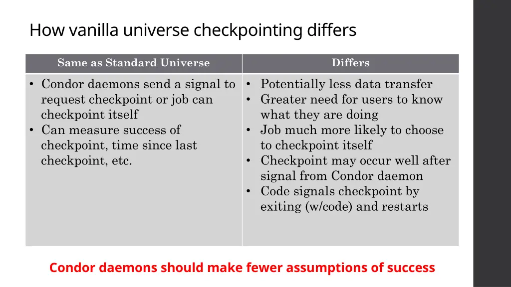 how vanilla universe checkpointing differs