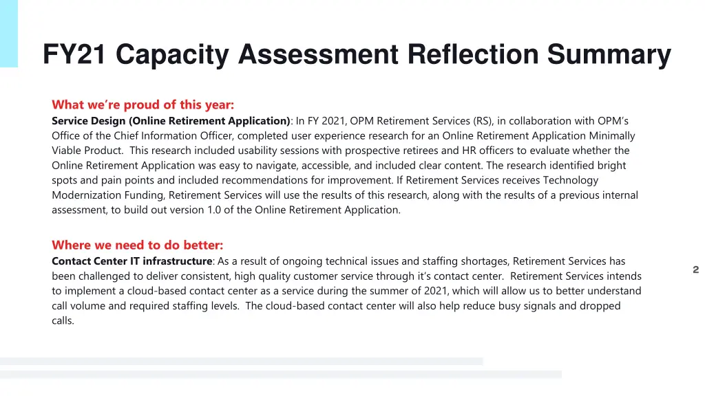 fy21 capacity assessment reflection summary