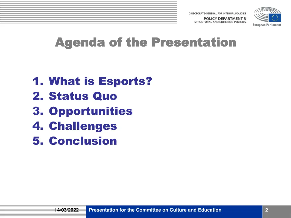 agenda of the presentation agenda