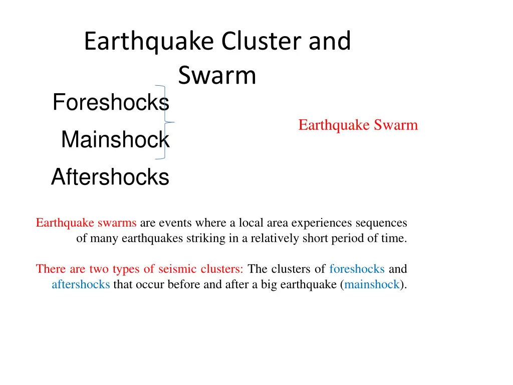 earthquake cluster and swarm foreshocks mainshock