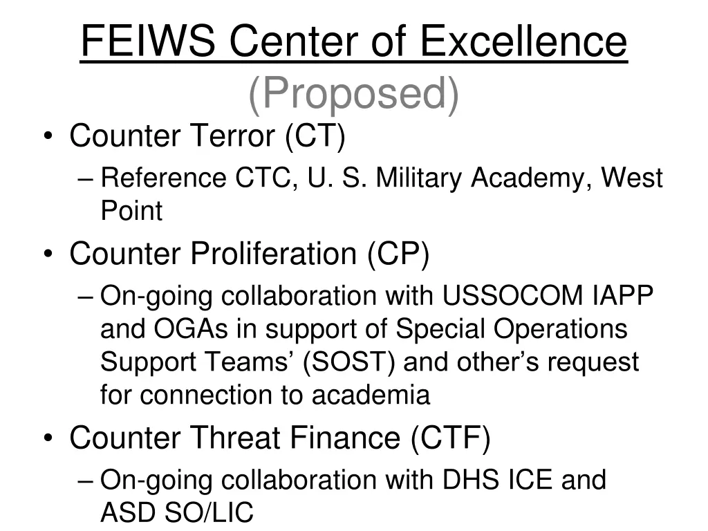 feiws center of excellence proposed counter