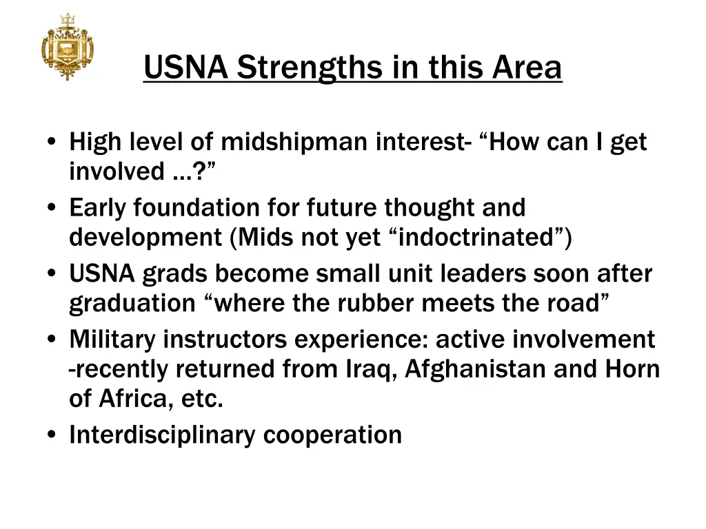 usna strengths in this area