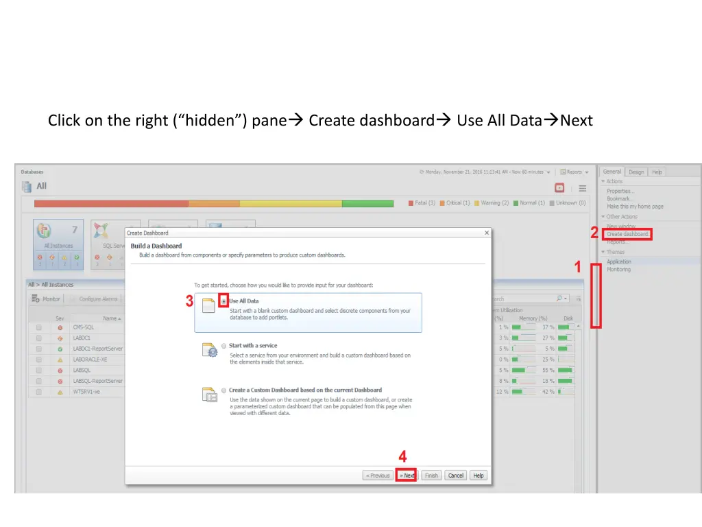 click on the right hidden pane create dashboard