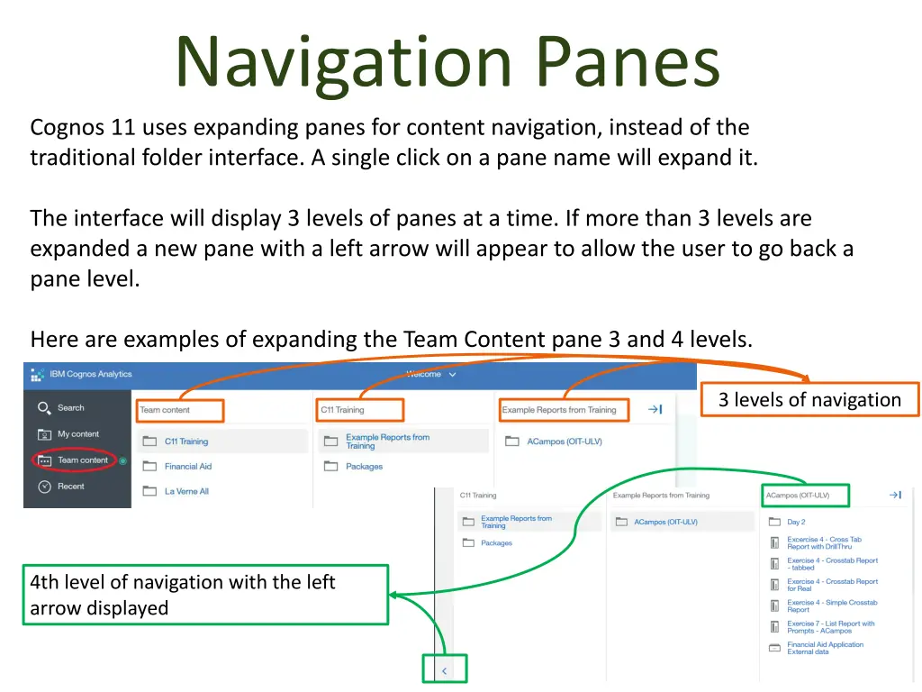 navigation panes cognos 11 uses expanding panes