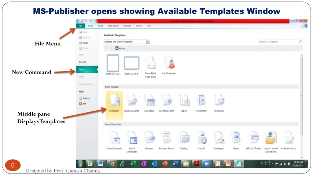 ms publisher opens showing available templates