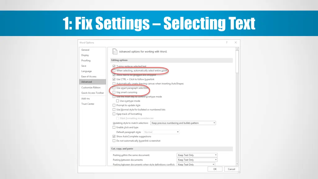 1 fix settings selecting text