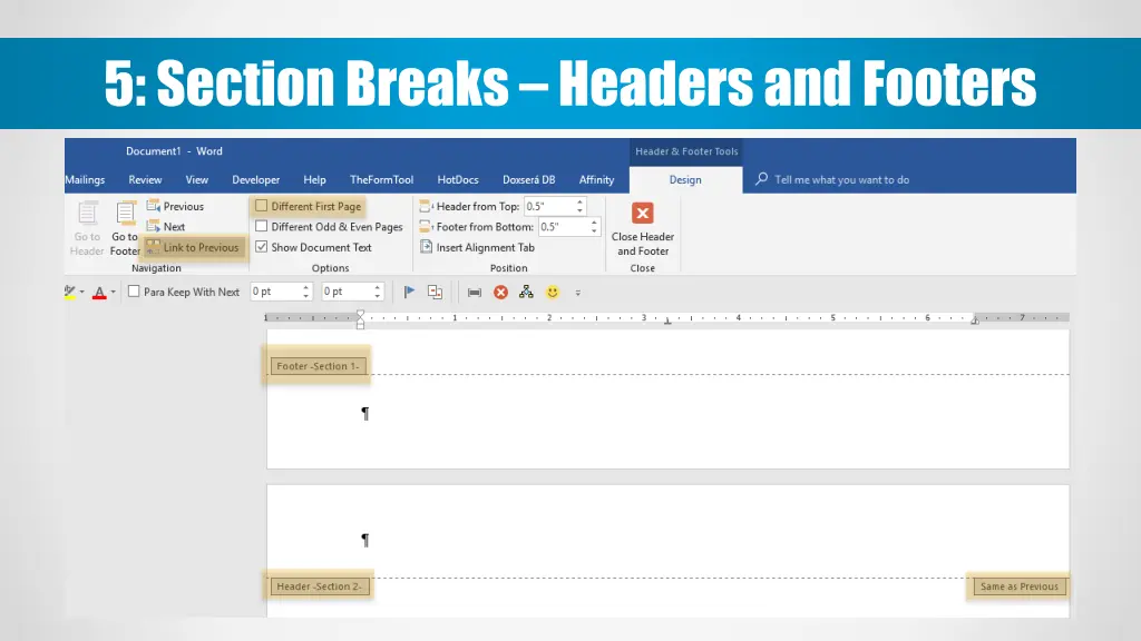 5 section breaks headers and footers