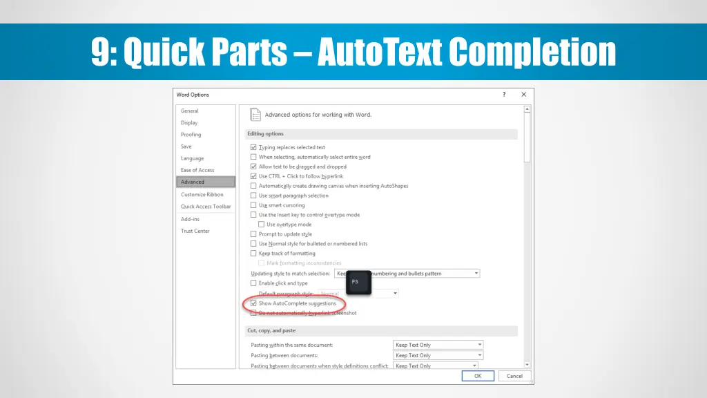 9 quick parts autotext completion