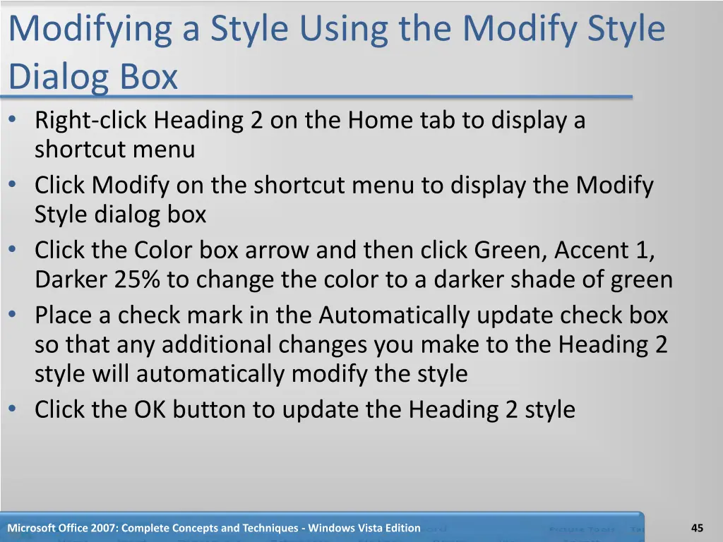 modifying a style using the modify style dialog