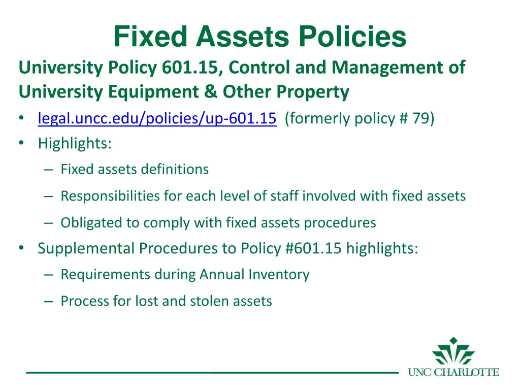 fixed assets policies university policy