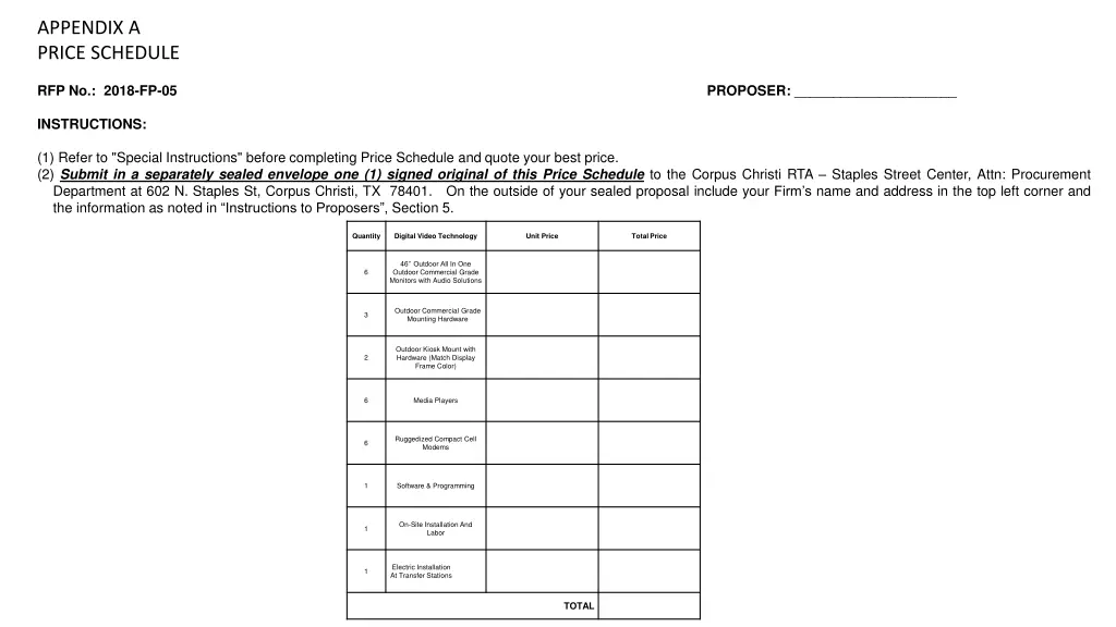 appendix a price schedule