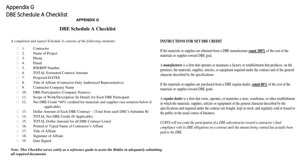 appendix g appendix g dbe schedule a checklist