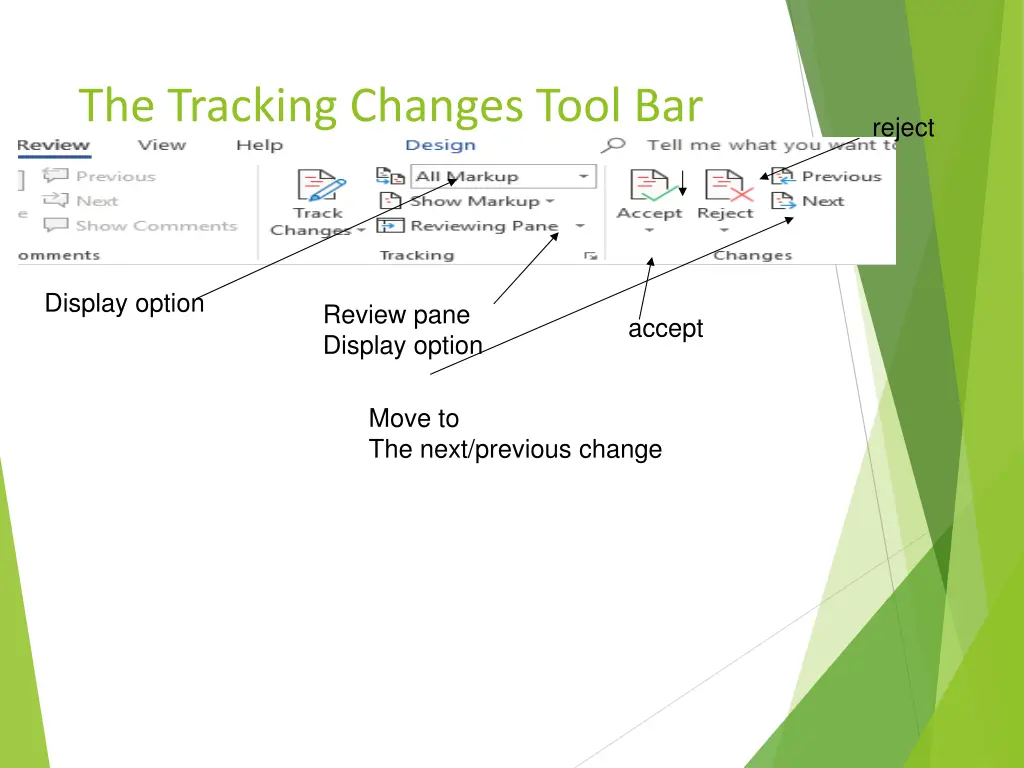 the tracking changes tool bar