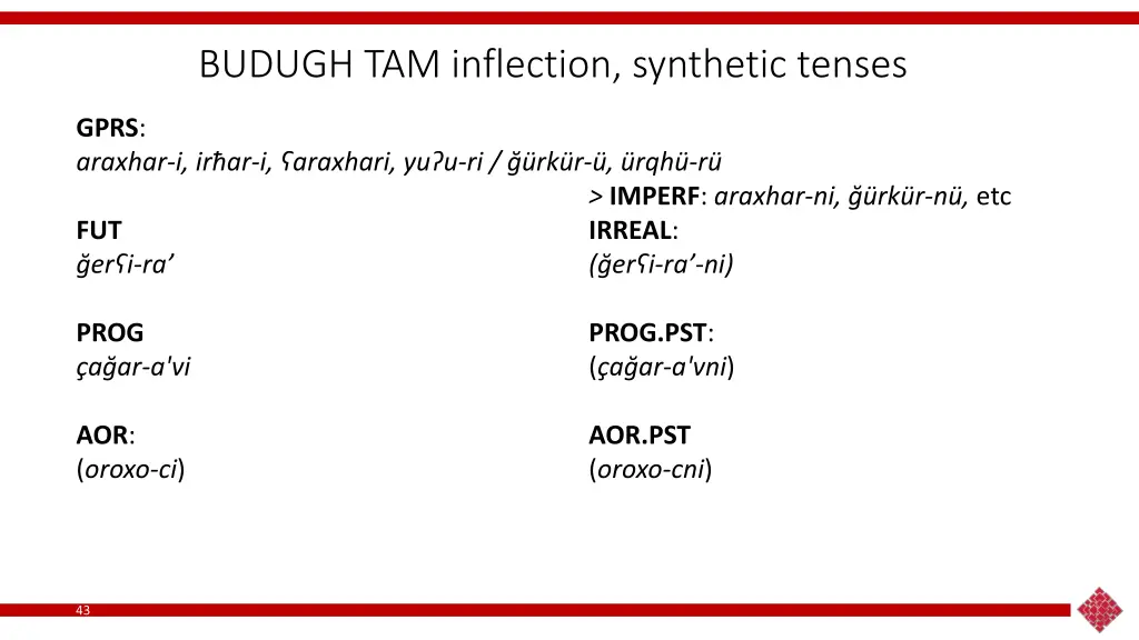 budugh tam inflection synthetic tenses