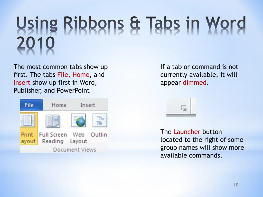 using ribbons tabs in word 2010