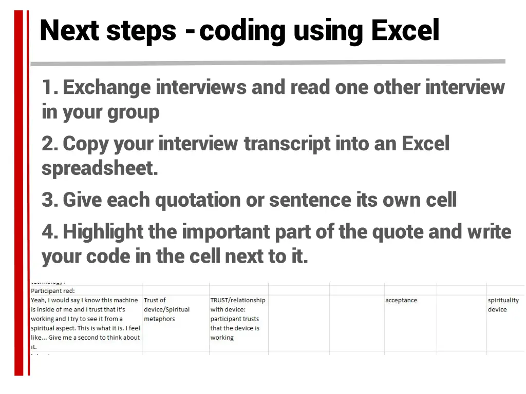 next steps coding using excel