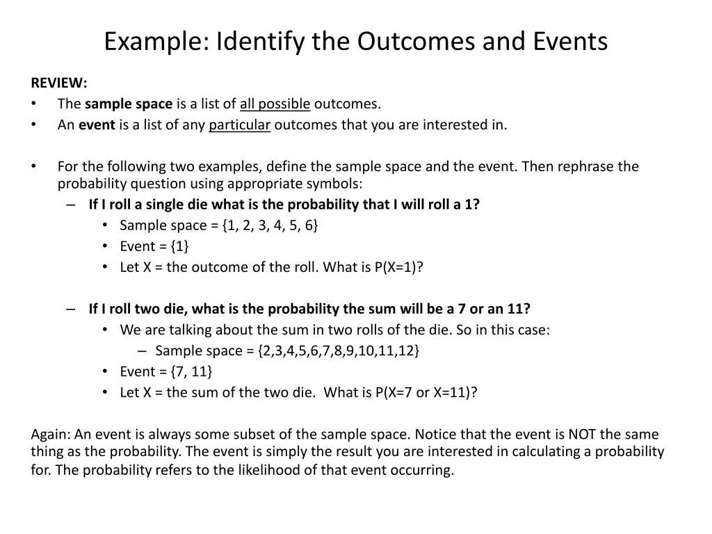 example identify the outcomes and events