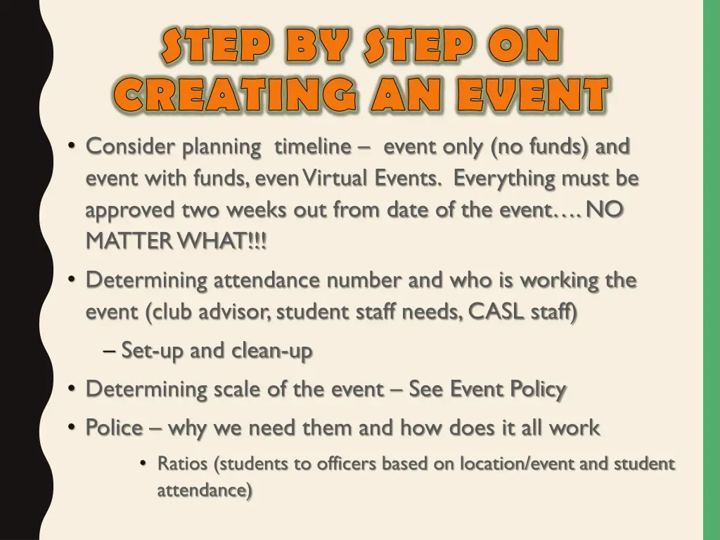 step by step on creating an event consider