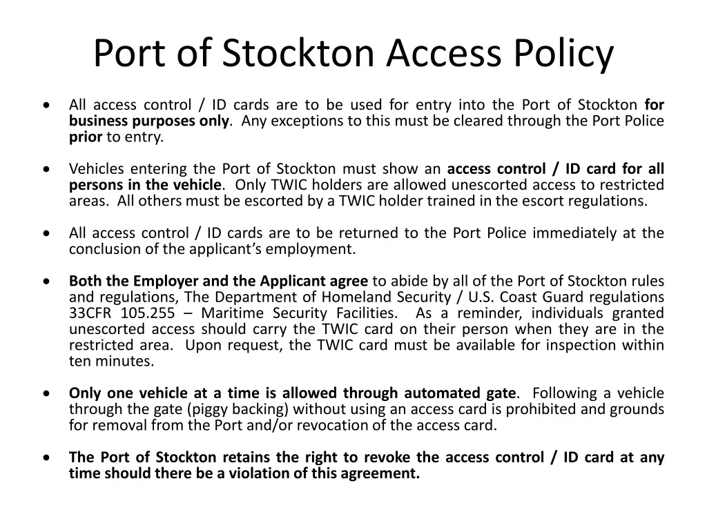 port of stockton access policy 3