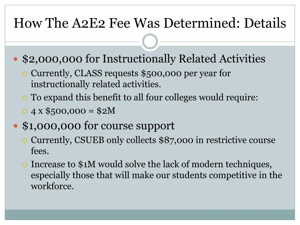 how the a2e2 fee was determined details