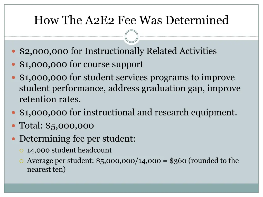 how the a2e2 fee was determined