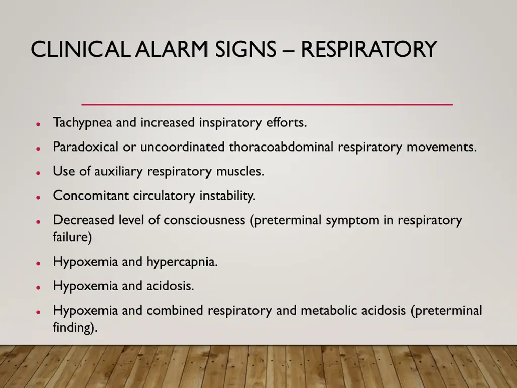 clinical alarm signs respiratory