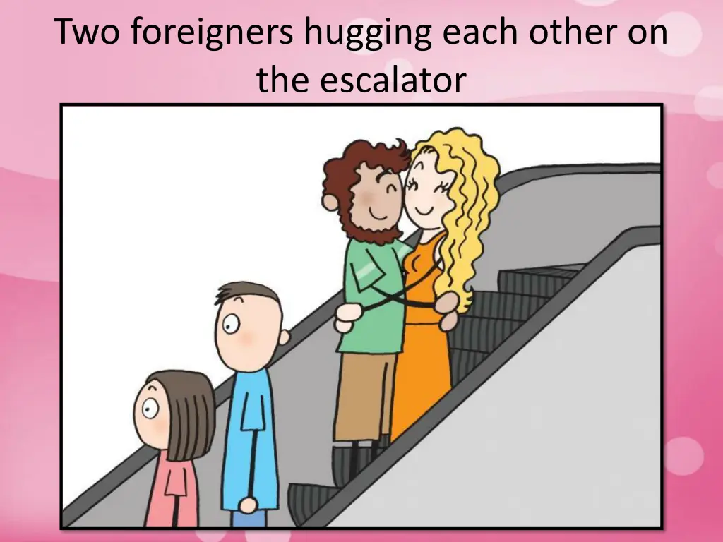 two foreigners hugging each other on the escalator