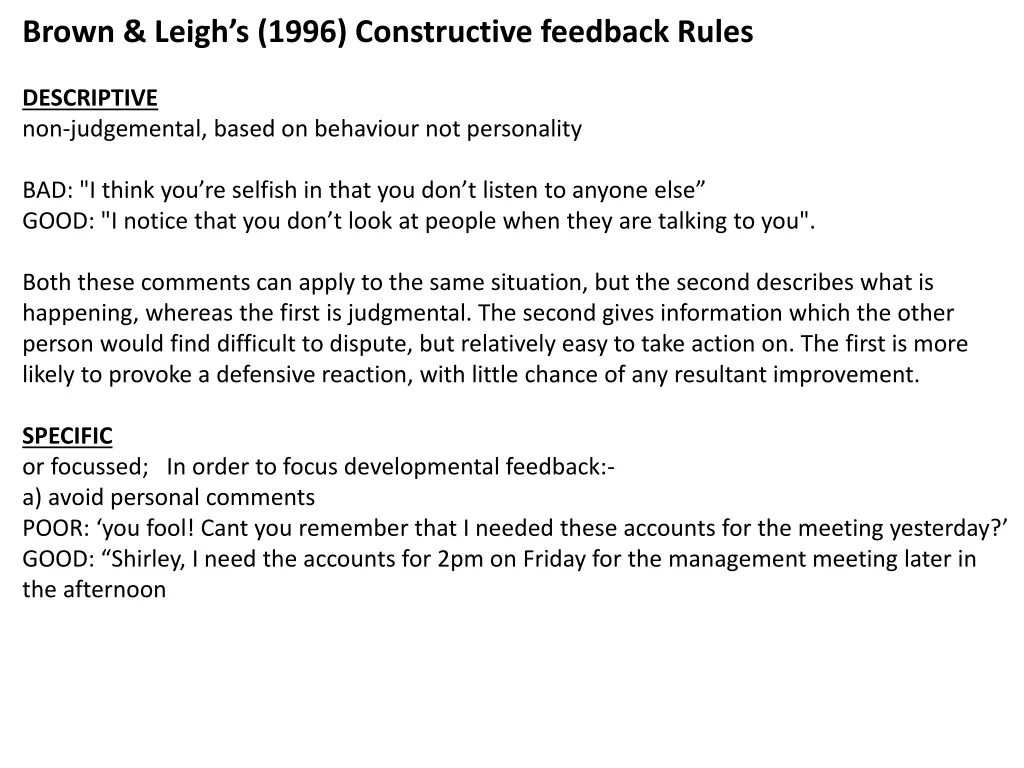 brown leigh s 1996 constructive feedback rules