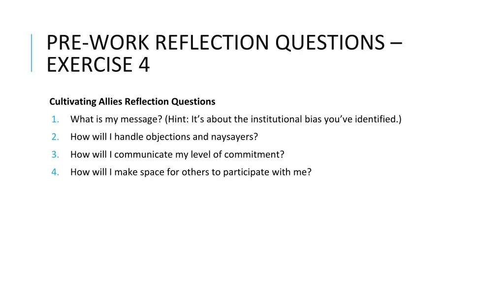 pre work reflection questions exercise 4