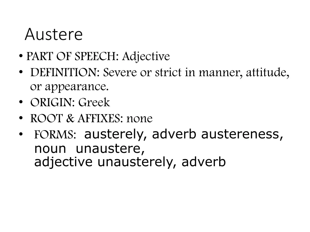 austere part of speech adjective definition