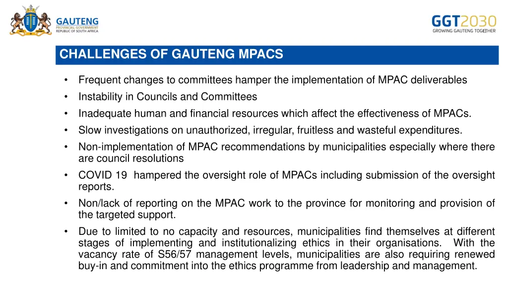 challenges of gauteng mpacs