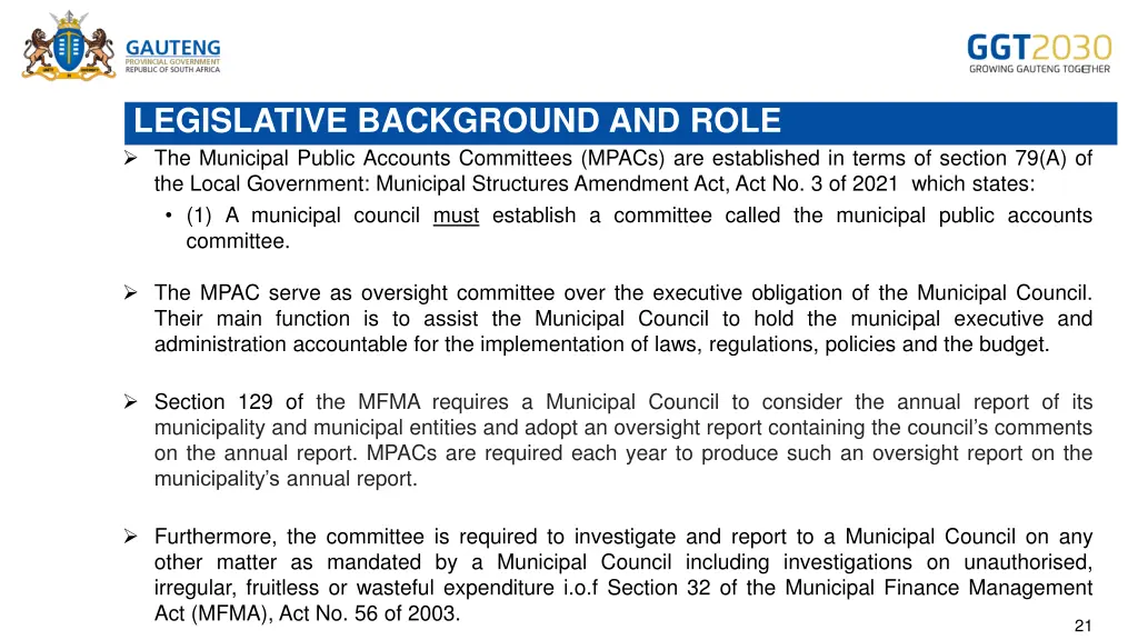 legislative background and role the municipal