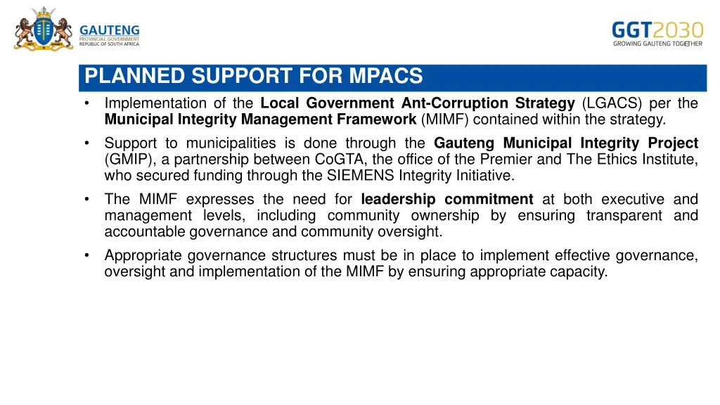 planned support for mpacs implementation