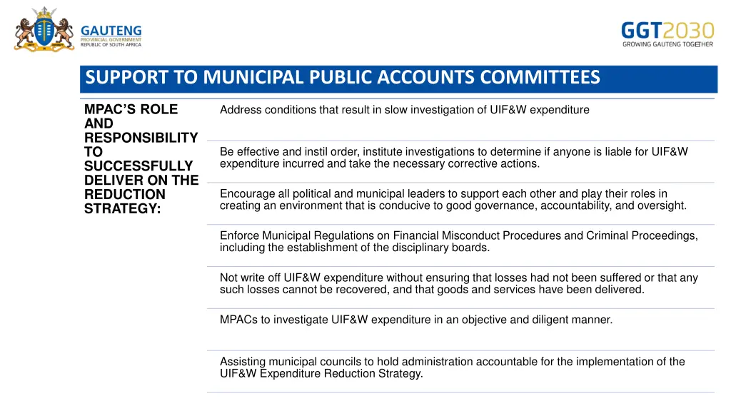 support to municipal public accounts committees 1