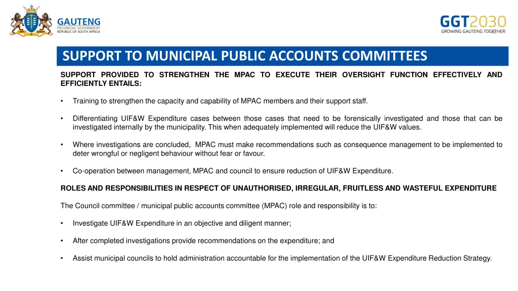 support to municipal public accounts committees
