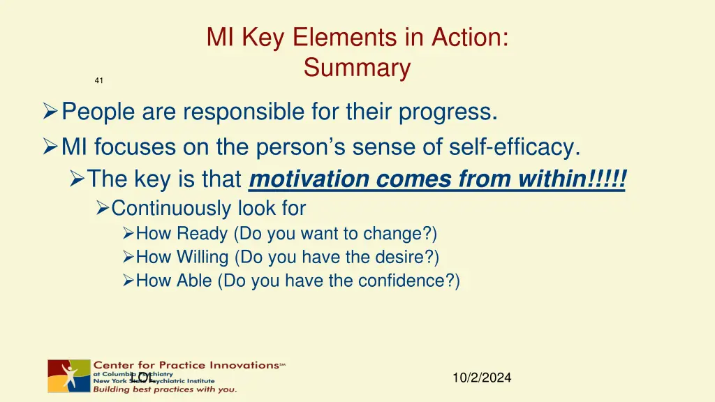 mi key elements in action summary