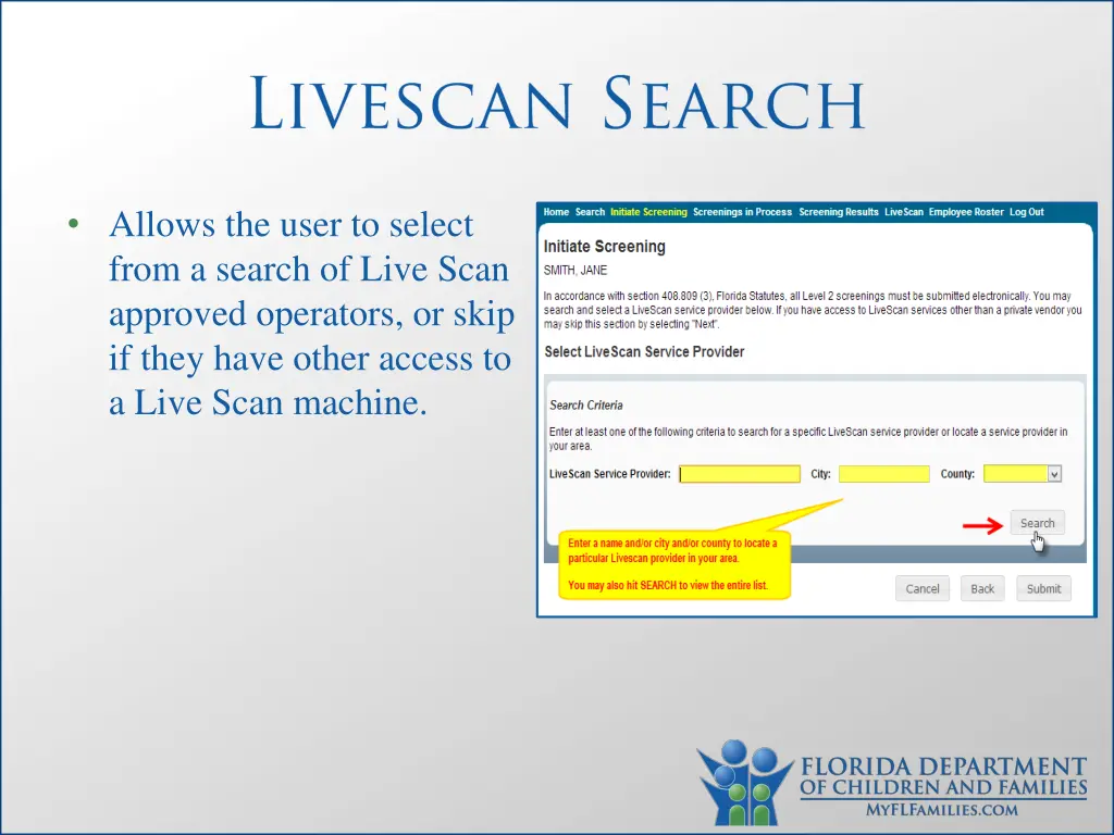 allows the user to select from a search of live