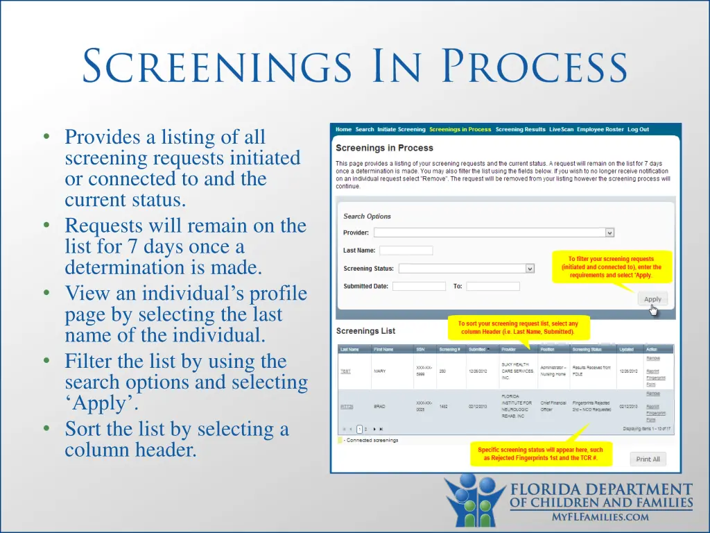 provides a listing of all screening requests