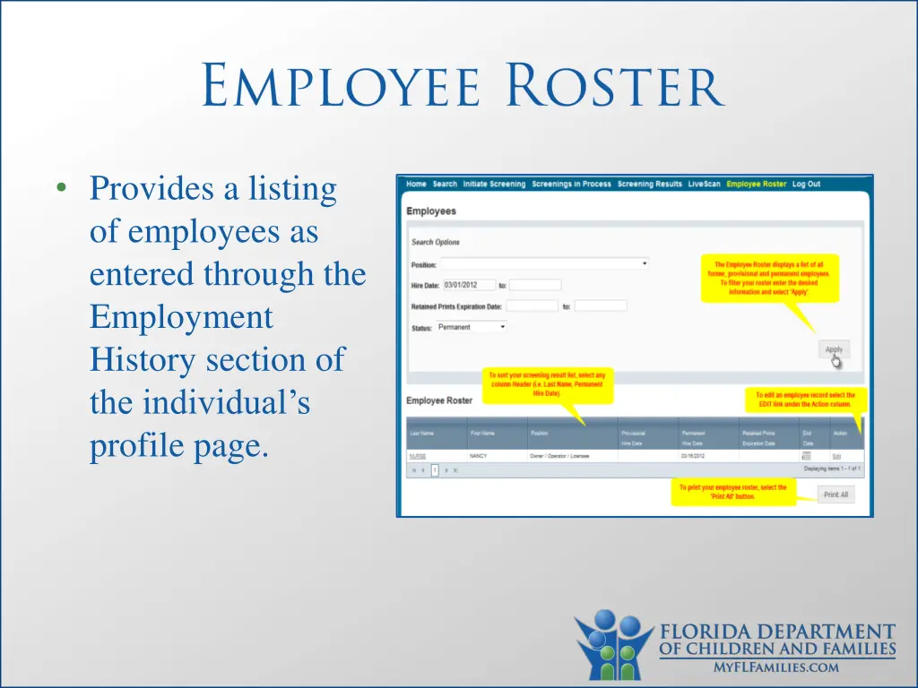 provides a listing of employees as entered