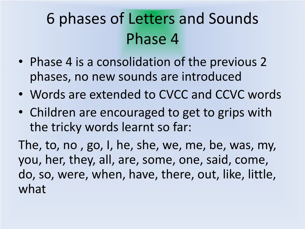 6 phases of letters and sounds phase 4 phase