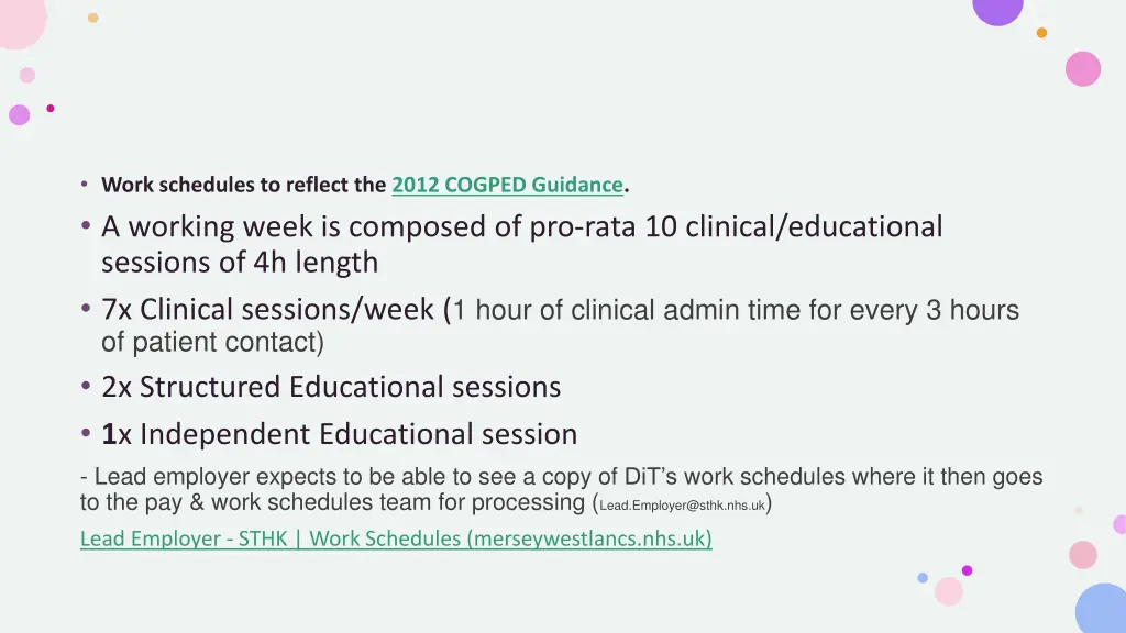 work schedules to reflect the 2012 cogped