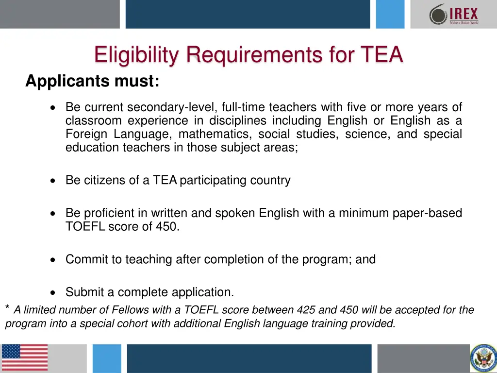 eligibility requirements for tea applicants must