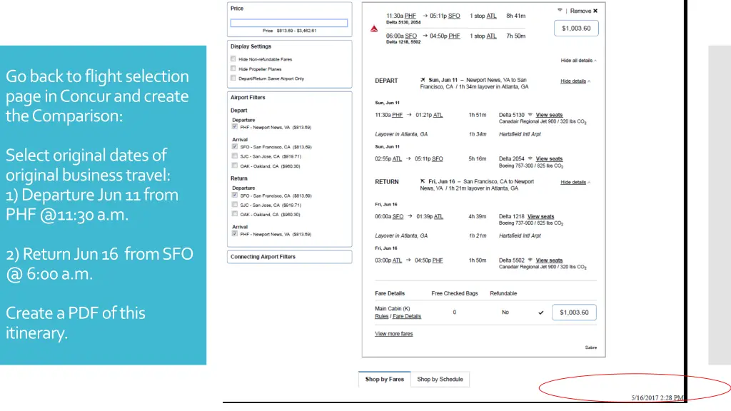 go back to flight selection page in concur