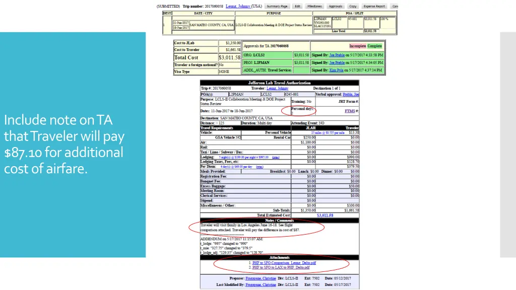 include note on ta that traveler will