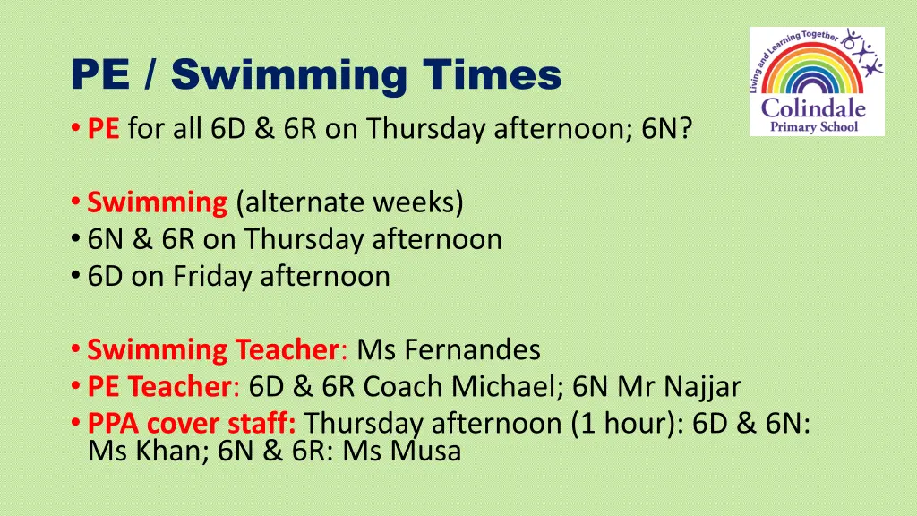 pe swimming times pe for all 6d 6r on thursday