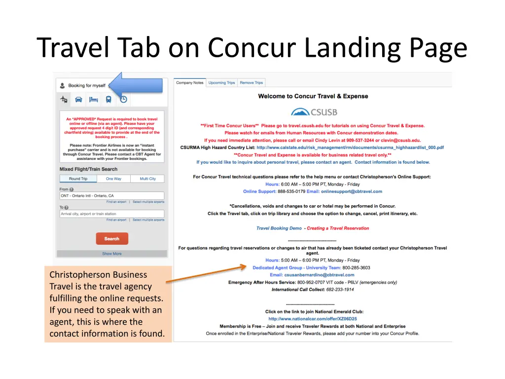 travel tab on concur landing page